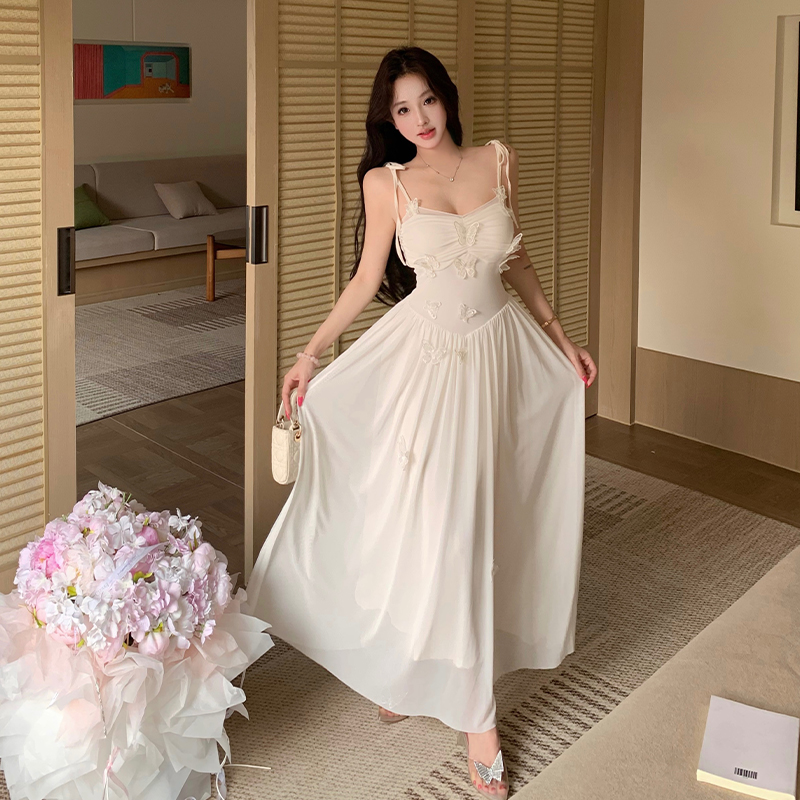 實拍祈愿少女法式立體蝴蝶薄紗吊帶連衣裙女氣質訂婚禮服