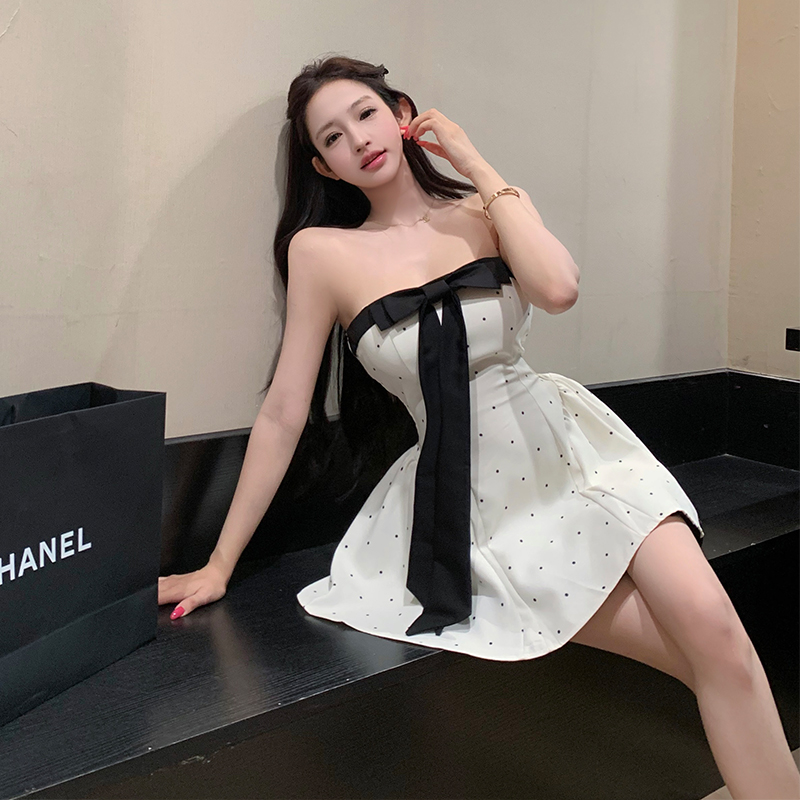 實拍千金miu系少女蝴蝶結撞色拼接抹胸連衣裙蓬蓬裙夏季波點