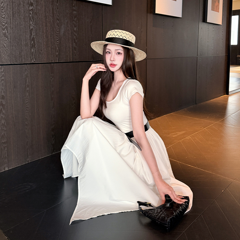 實拍時尚性感連衣裙高級氣質仙女裙子夏收腰顯瘦不規則大擺裙