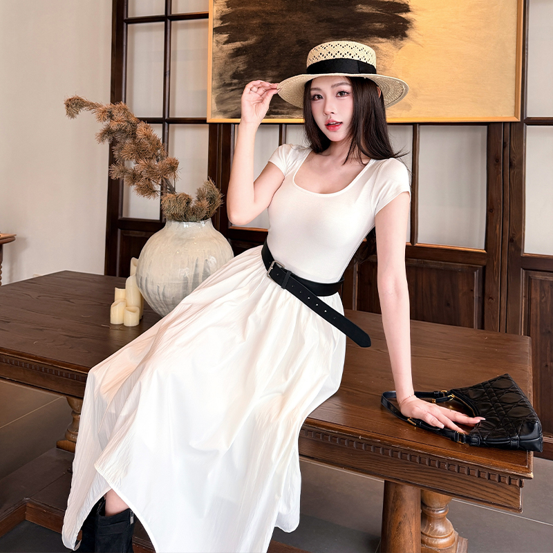 實拍時尚性感連衣裙高級氣質仙女裙子夏收腰顯瘦不規則大擺裙