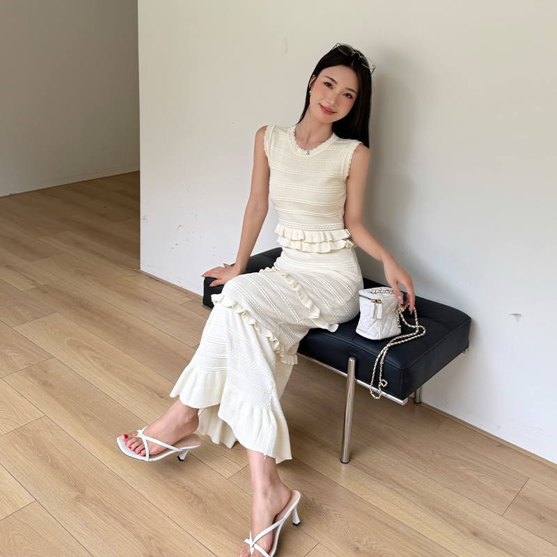 實拍小香氣風質收腰顯瘦木耳褶皺花邊針織長款連衣裙步步生蓮