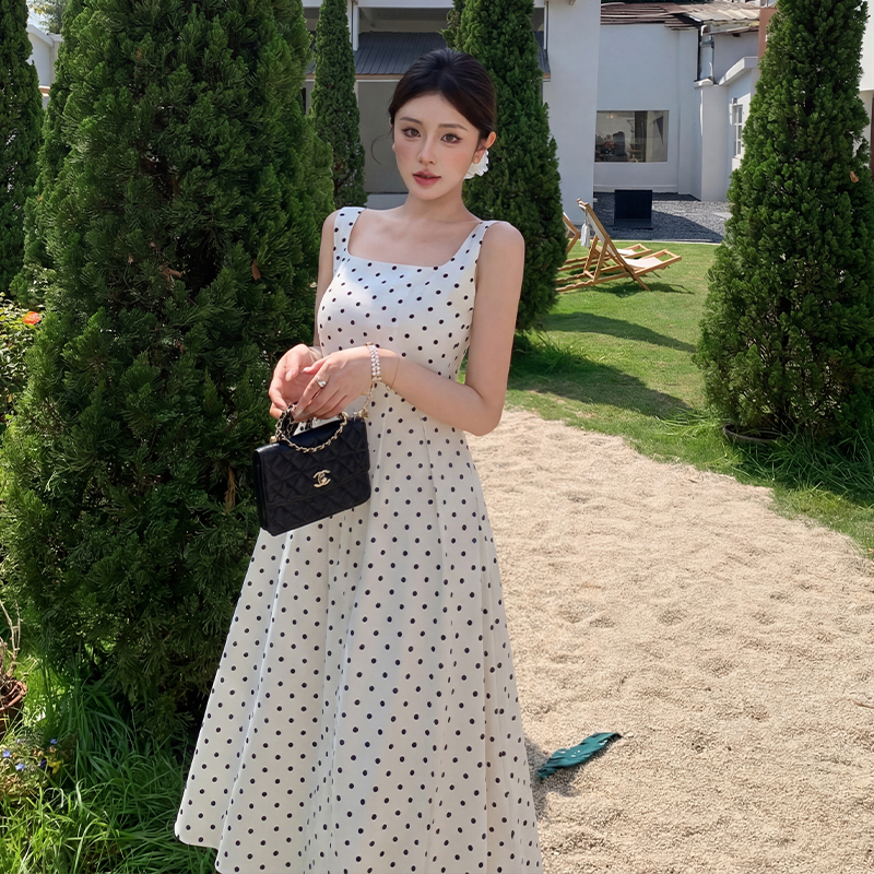 RY3469# 实拍复古赫本连衣裙波点白色气质收腰显瘦长裙子高级掐腰礼服