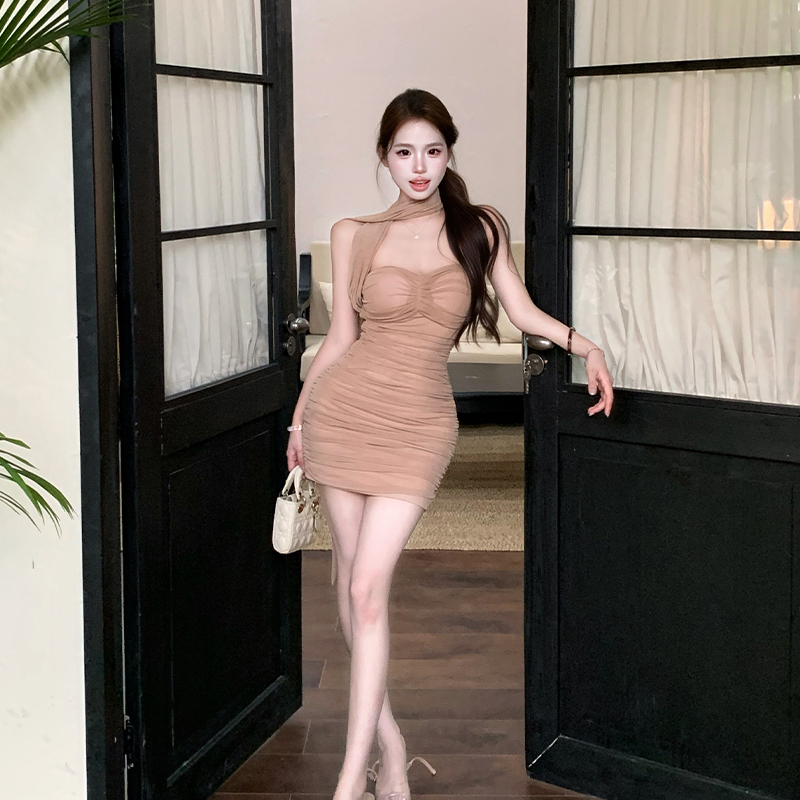 實拍純欲風褶皺抹胸飄帶連衣裙夏法式千金氣質絕美顯瘦短裙子