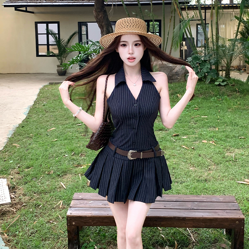 RY3468# 实拍纯欲辣妹无袖V领挂脖条纹连衣裙气质性感御姐风a字百褶裙