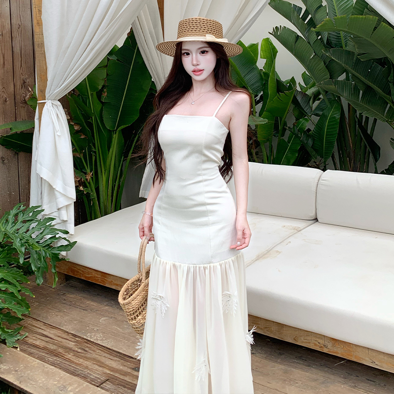 實拍氛圍感飄帶吊帶連衣裙夏度假仙女裙收腰花朵拼接網紗長裙