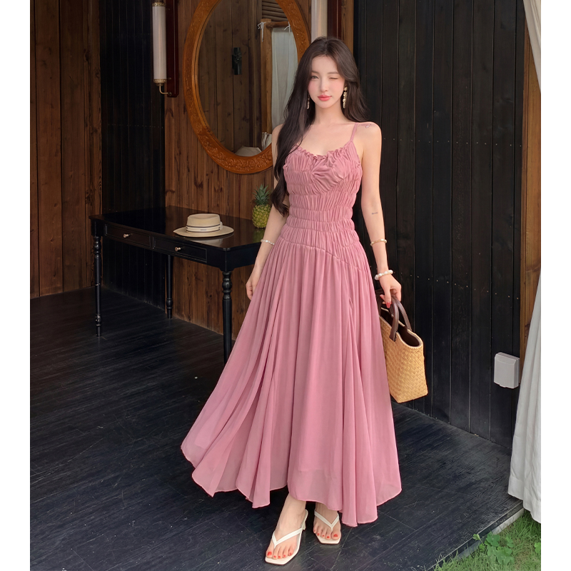 RY3467# 实拍海边度假风法式浪漫褶皱吊带背心连衣裙女气质茶歇长裙子
