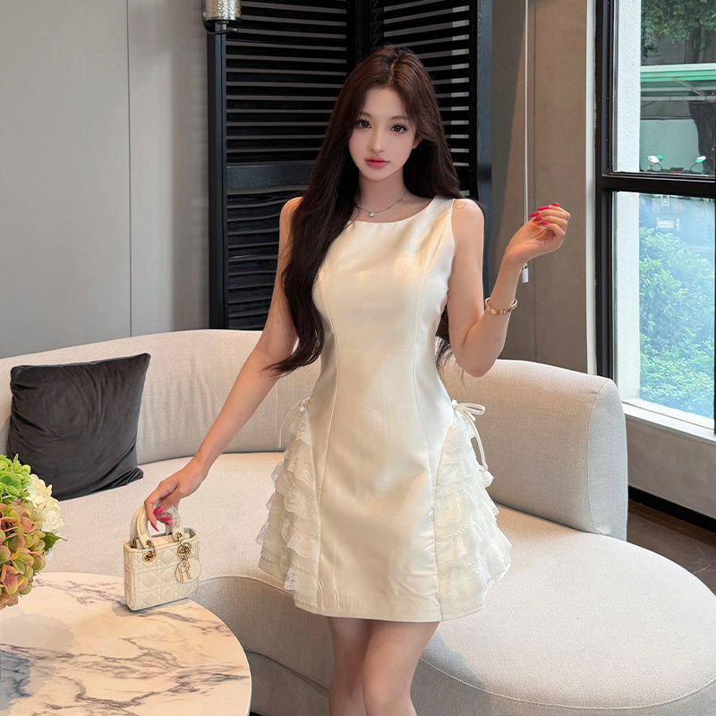 RY3465# 实拍千金优雅连衣裙夏季甜美蝴蝶结蕾丝拼接露背无袖背心裙子