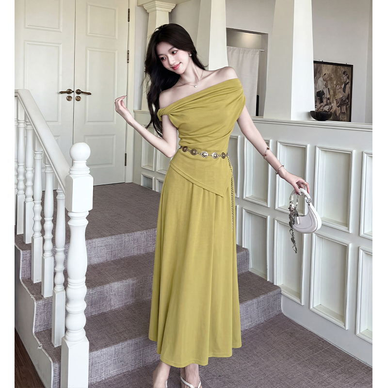 RY3464# 实拍法式斜肩套装一字肩显瘦小个子女不规则下摆上衣T半身裙