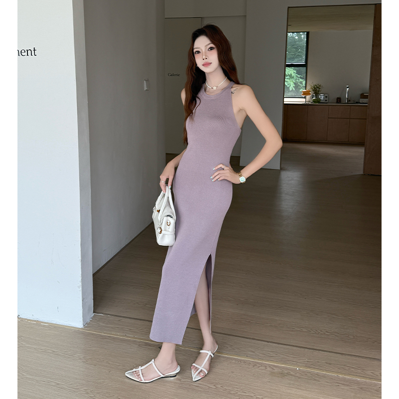 實拍法式掛脖連衣裙女純欲辣妹氣質修身御姐風針織裙子高級感
