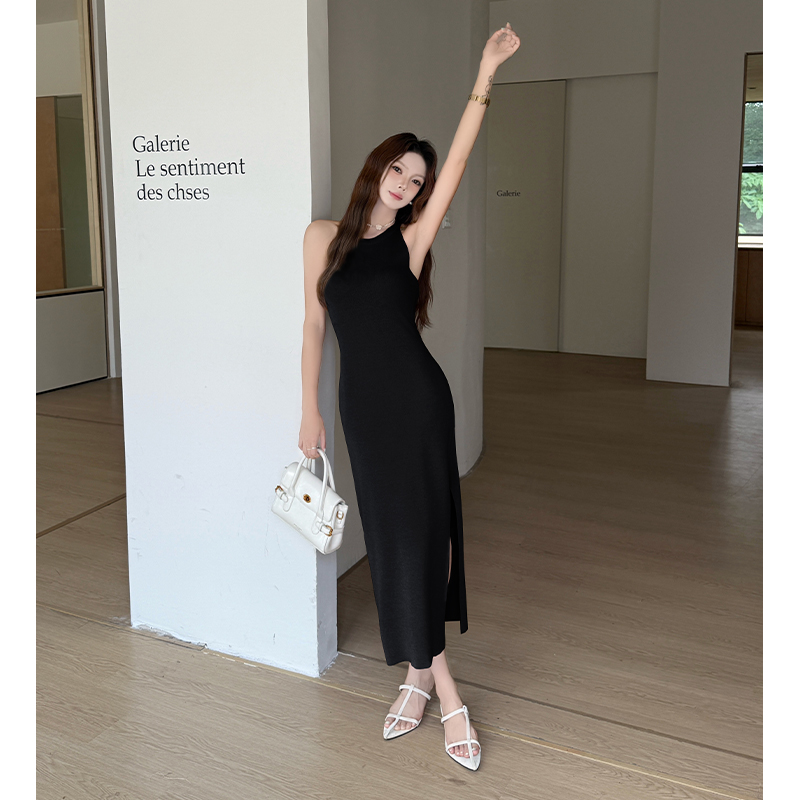 實拍法式掛脖連衣裙女純欲辣妹氣質修身御姐風針織裙子高級感