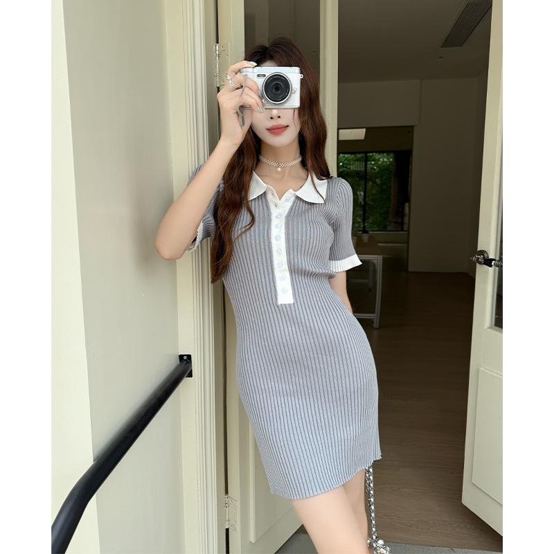 美式撞色Polo領短款包臀連衣裙修身顯瘦氣質針織裙小個子