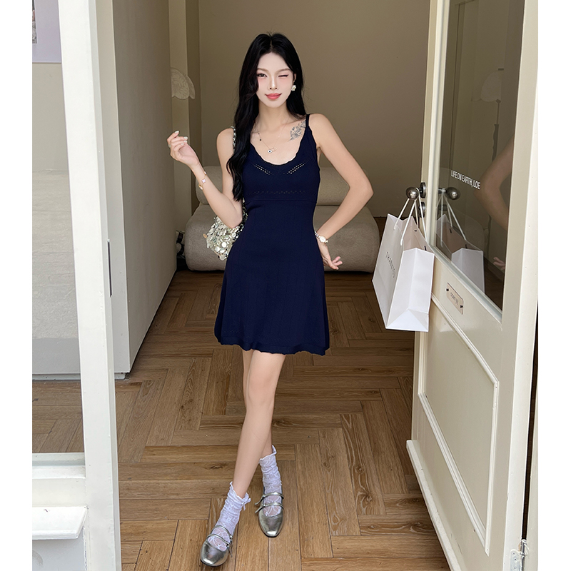 法式復古少女花邊鏤空吊帶連衣裙甜美修身針織短裙包臀裙