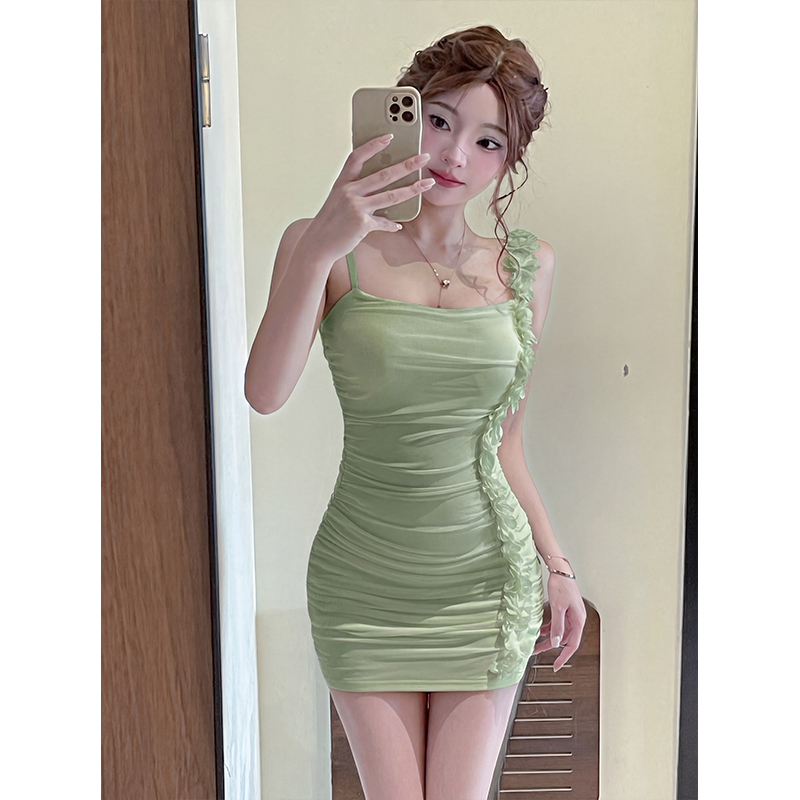 法式辣妹純欲時尚花朵拼接吊帶網紗性感連衣裙包臀短裙子