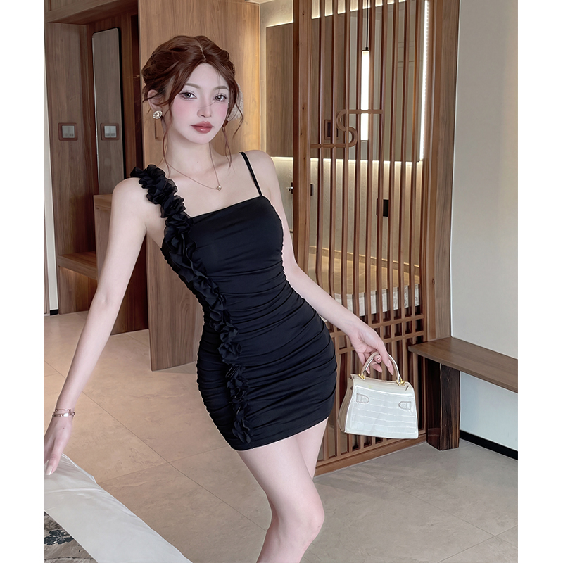 法式辣妹純欲時尚花朵拼接吊帶網紗性感連衣裙包臀短裙子