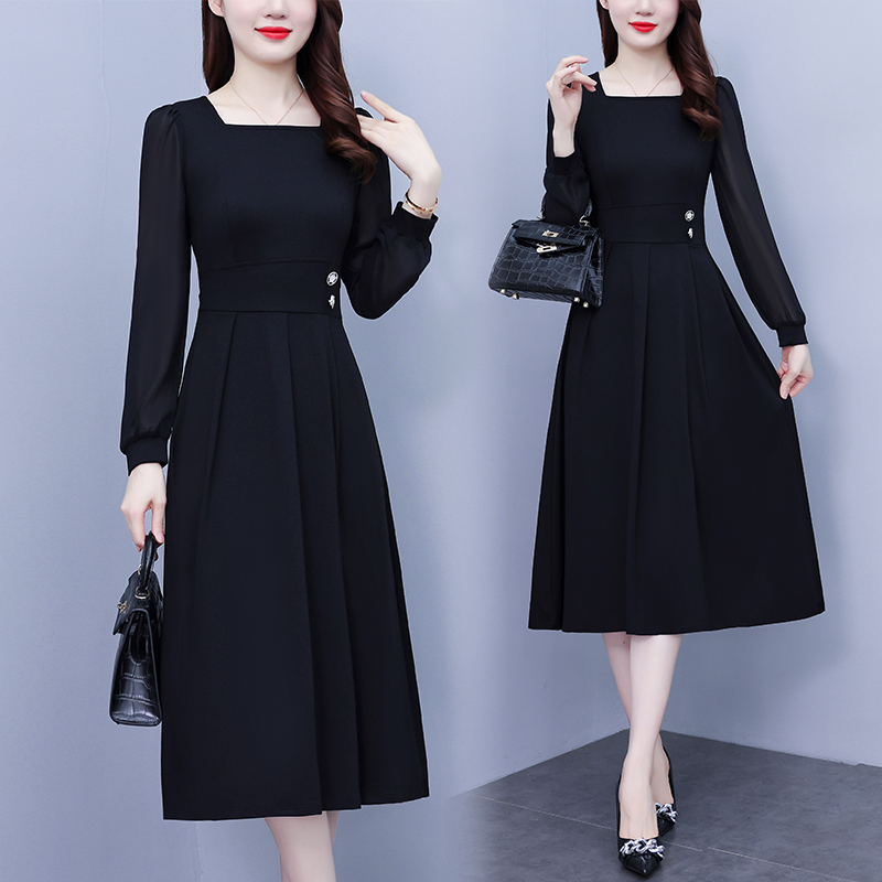 MY70284# 长袖赫本风法式气质黑色长裙女裝貨源服裝批發
