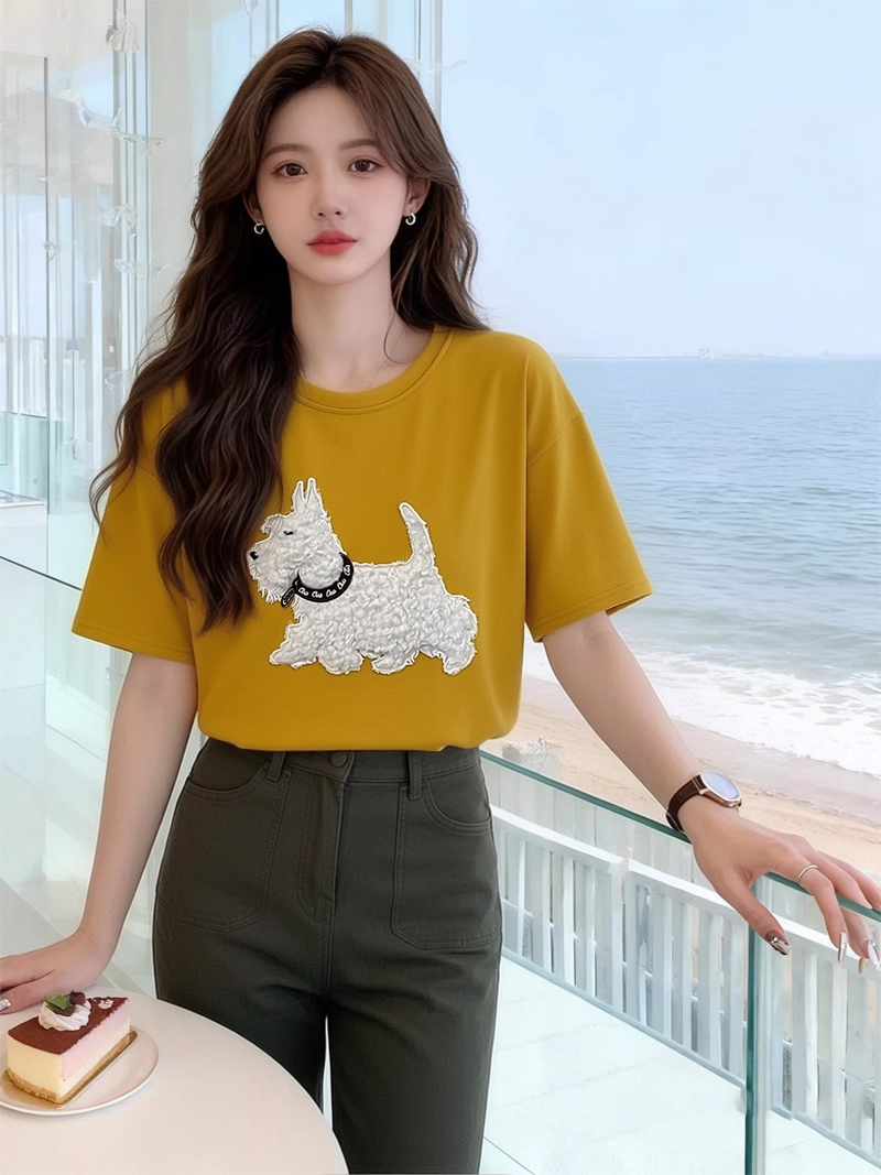 RY1443# 毛绒小狗刺绣短袖t恤女2026新款夏季复古慵懒风高级感宽松...