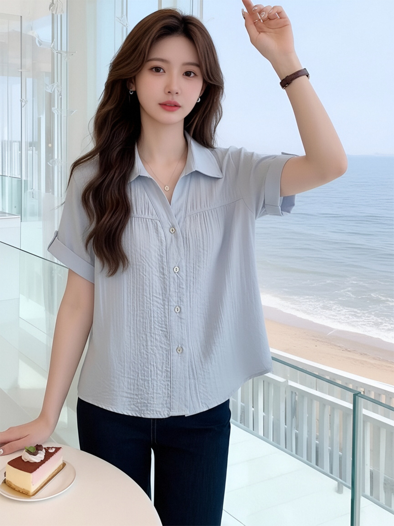 RY1442# 蓝色Polo领雪纺衫衬衣短袖女2025新款爆款收腰显瘦洋气...