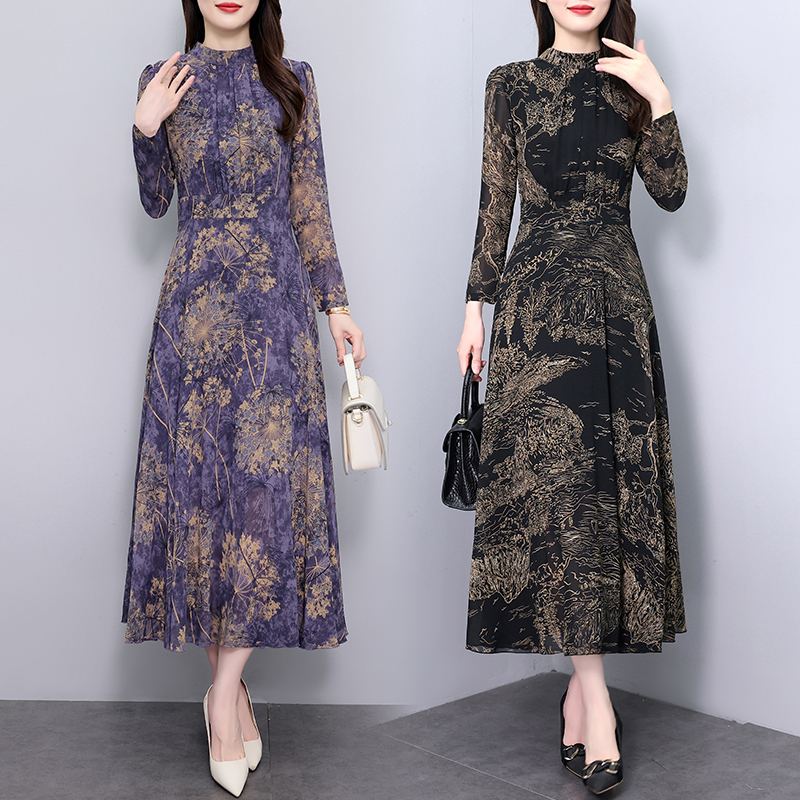 MY13261# 长袖雪纺连衣裙减龄显瘦气质收腰女装贵夫人洋气长裙女裝貨源...