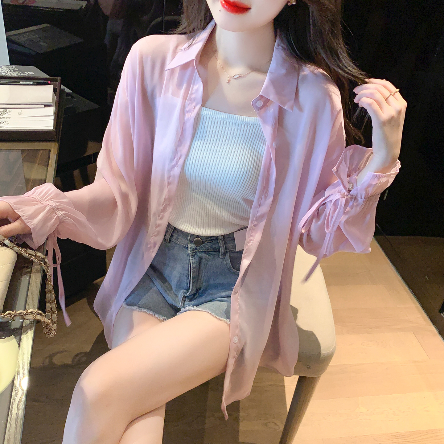 MY15928# 春夏新款蝴蝶结系带微透防晒衬衫防紫外线上衣雪纺衫女女裝貨源服裝批發