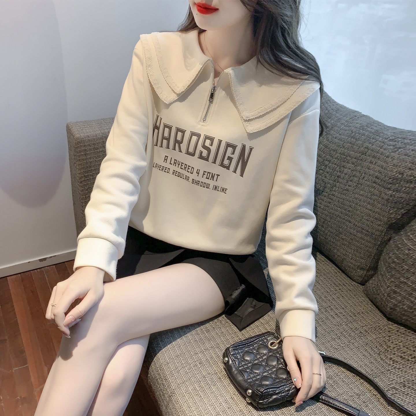 MY15907# 新款娃娃领卫衣女百搭时尚洋气长袖套头上衣外套女裝貨源服裝...