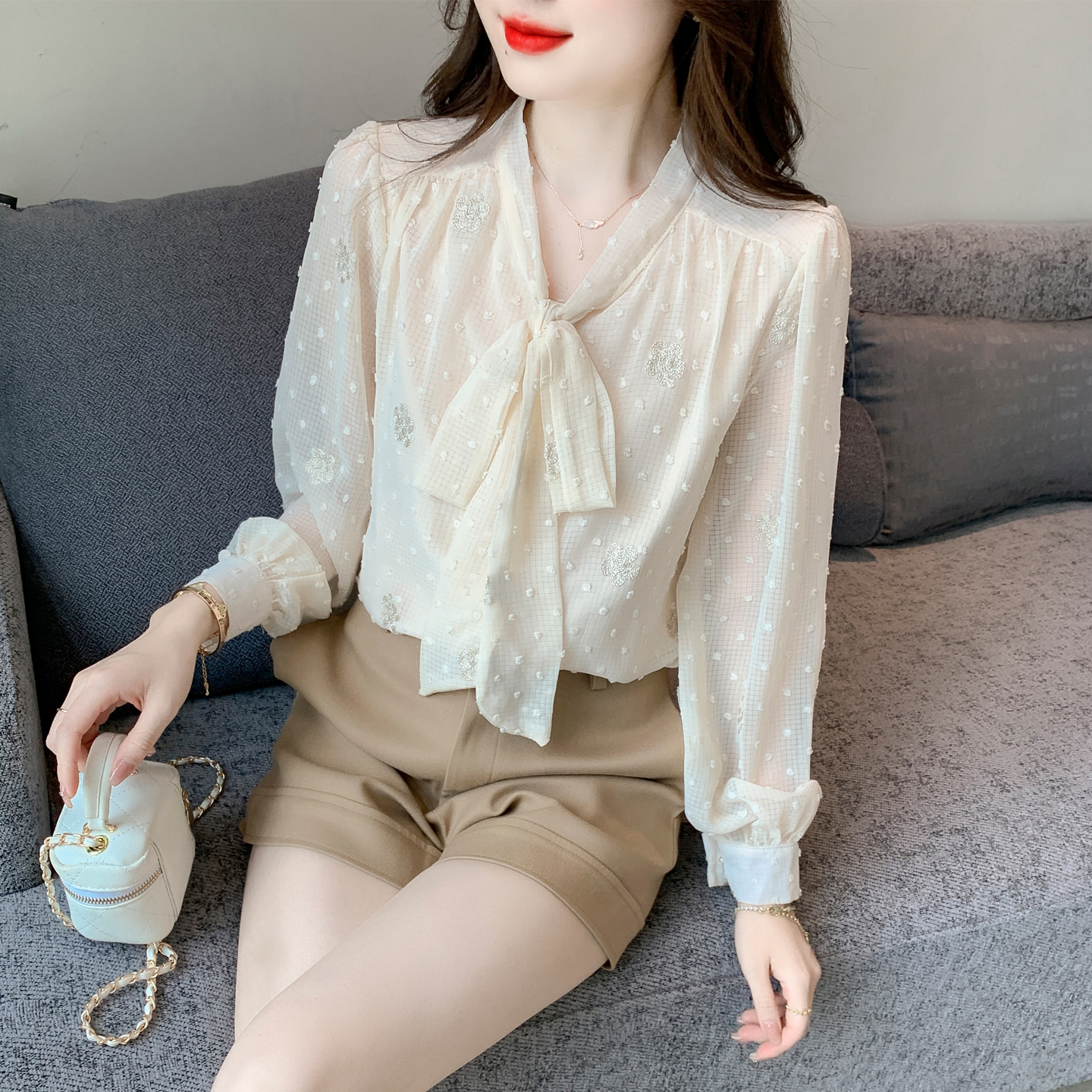 MY15906# 新款法式气质长袖衬衫女别致独特蝴蝶结系带上衣女裝貨源服裝...