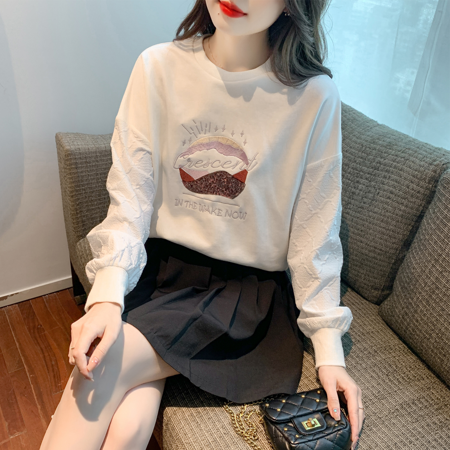 MY15905# 新款印花卫衣女宽松休闲刺绣拼接打底上衣外套长袖女裝貨源服...