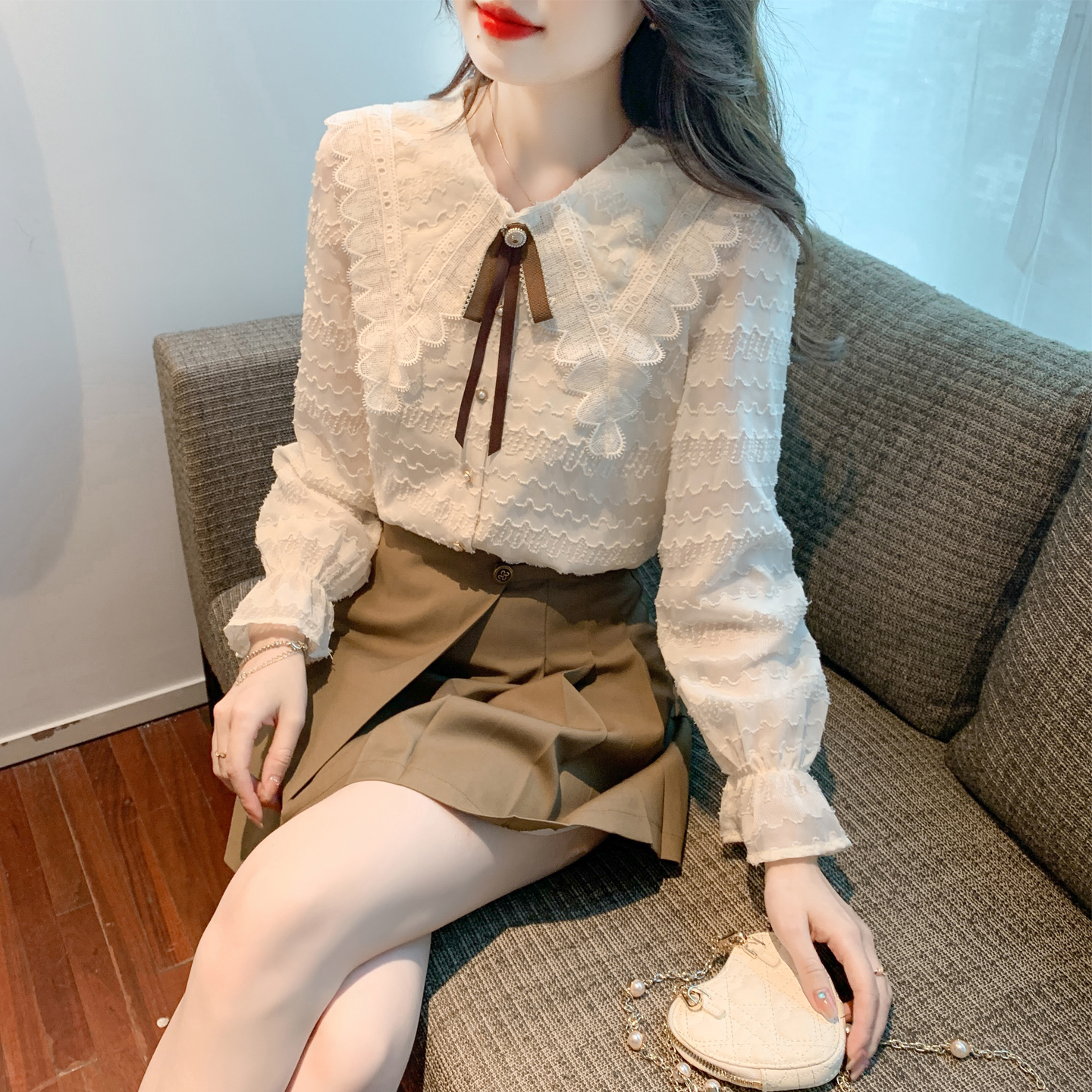 MY15904# 新款蕾丝花边娃娃领衬衫甜美长袖雪纺衫蝴蝶结上衣女裝貨源服...