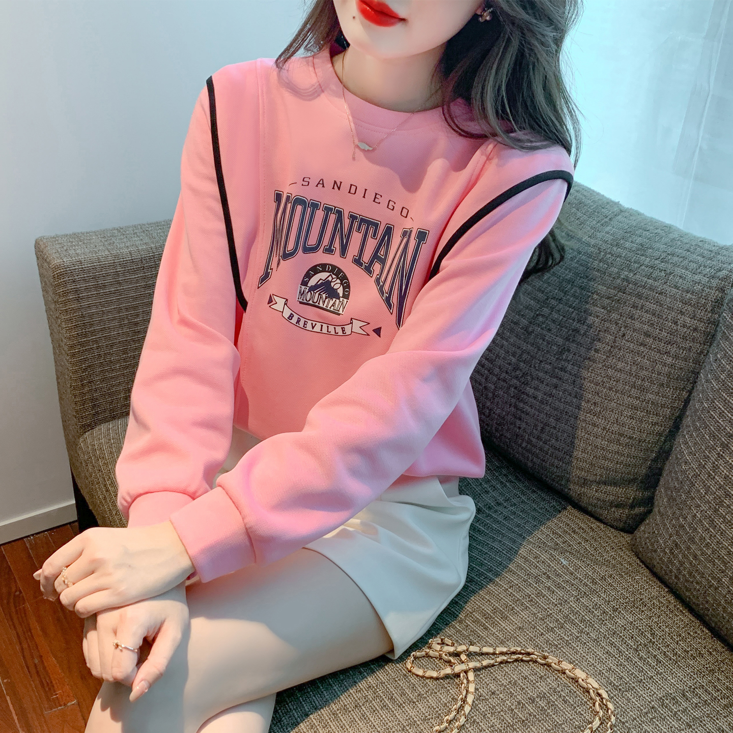 MY15903# 新款韩版时尚长袖卫衣字母印花小个子百搭宽松上衣女裝貨源服...