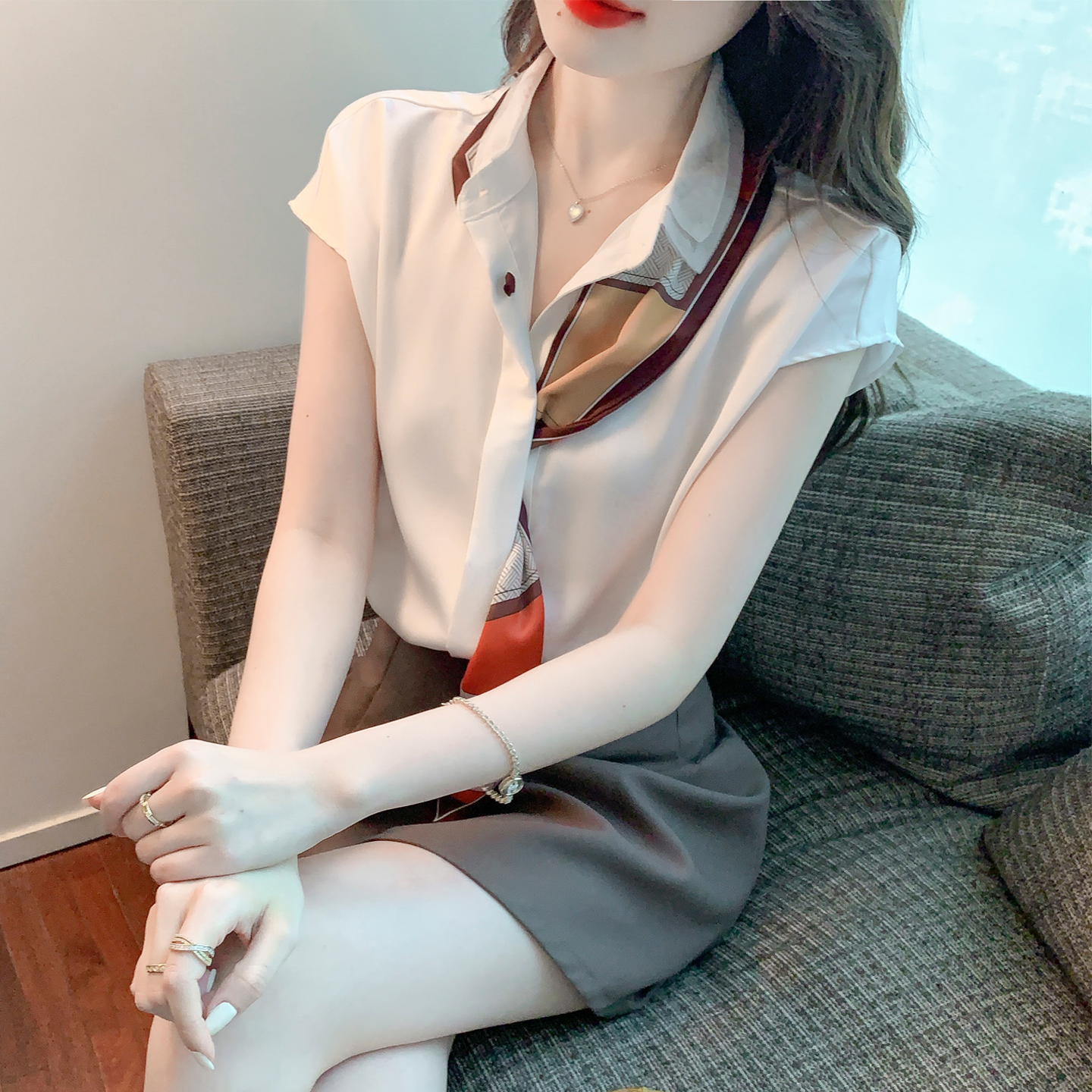 RY1677# 已出货2026夏季新款落肩袖白色衬衫LO职业装醋酸缎面高档...