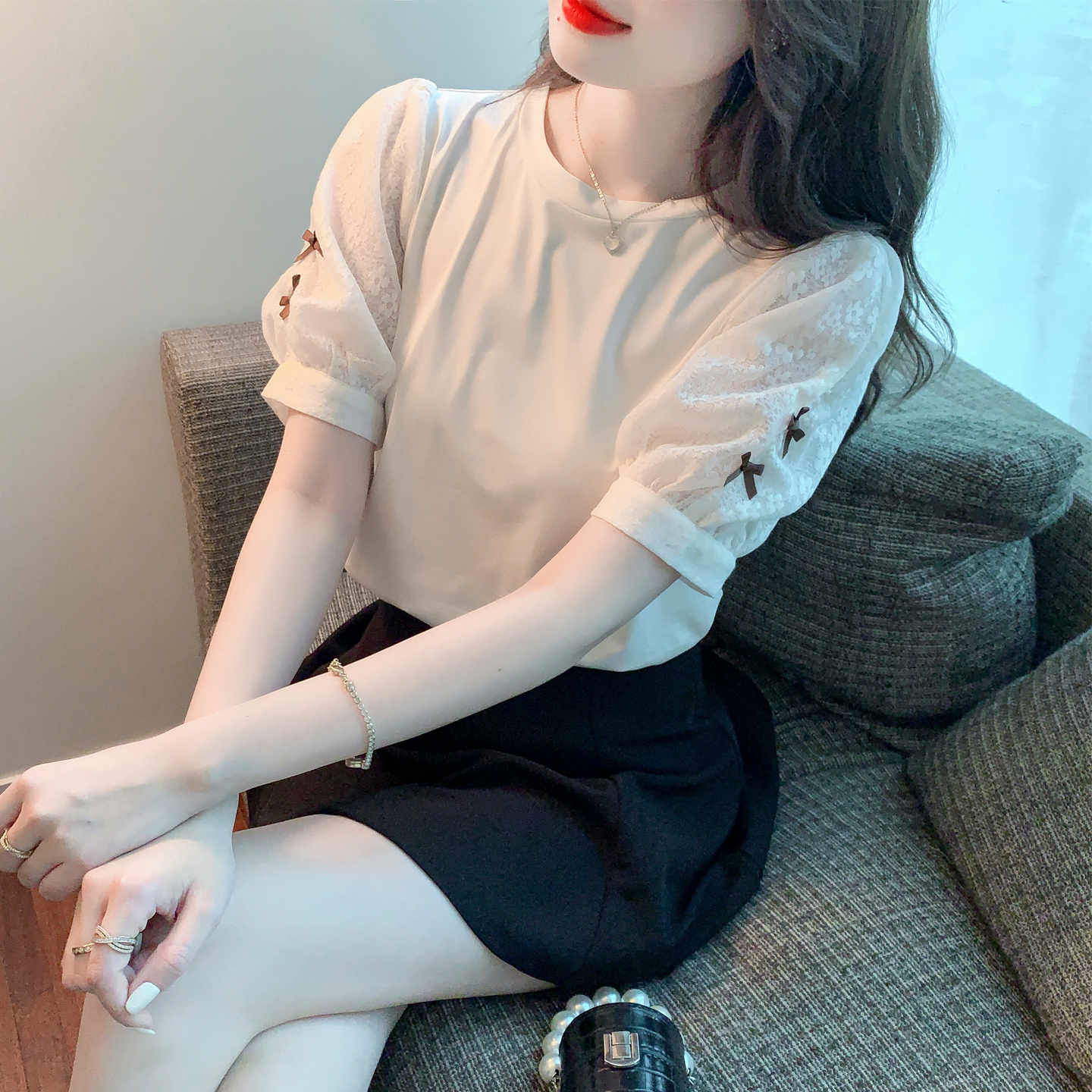 RY1675# 已出货2026夏季新款纯棉泡泡袖T恤蕾丝拼接蝴蝶结短袖上衣...