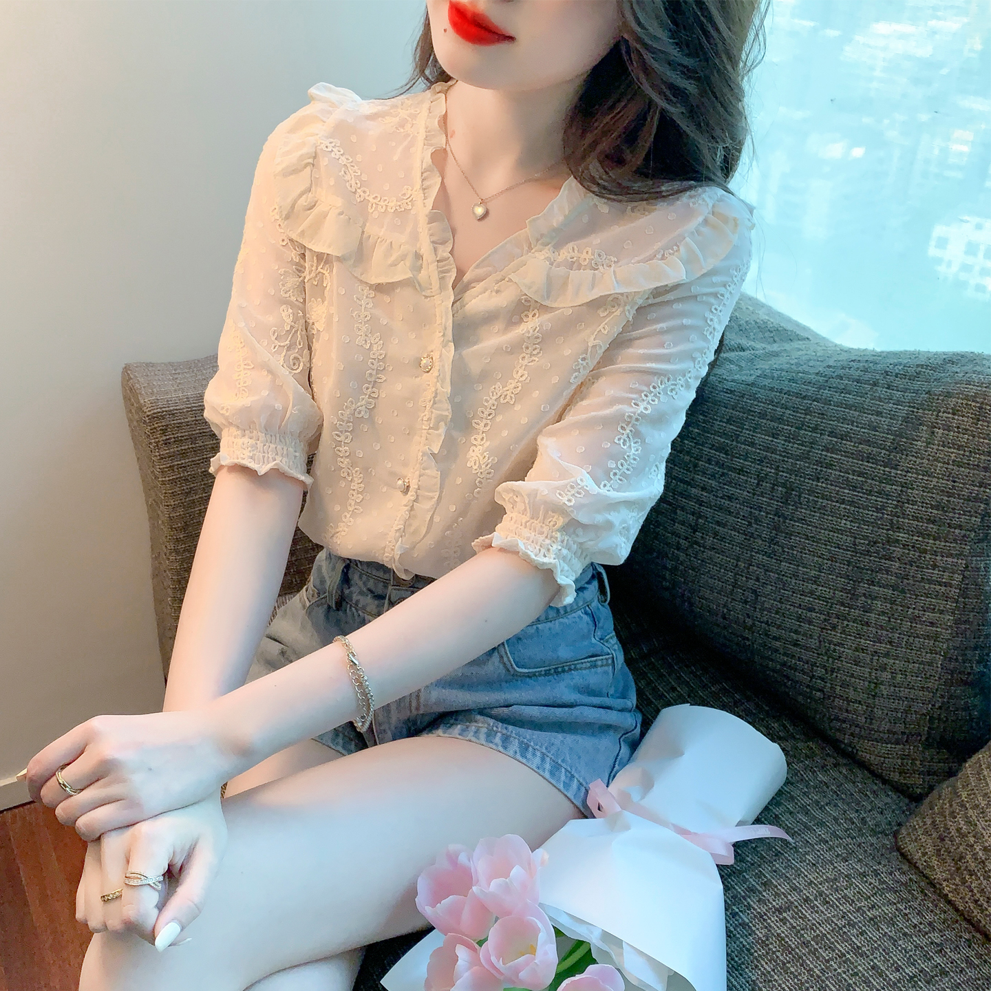 RY1676# 已出货2026夏季新款V领荷叶边超仙的雪纺衫上衣蕾丝衬衫洋...