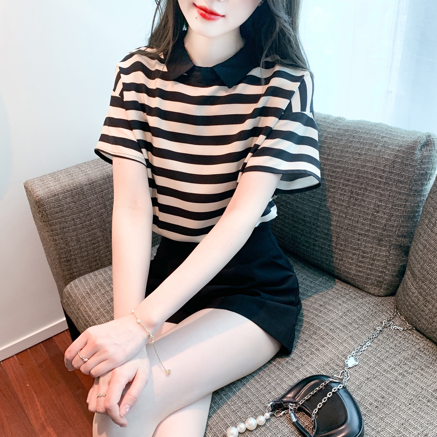 RY1673# 已出货2026夏季新款黑白条纹POLO领短袖T恤宽松显瘦撞...