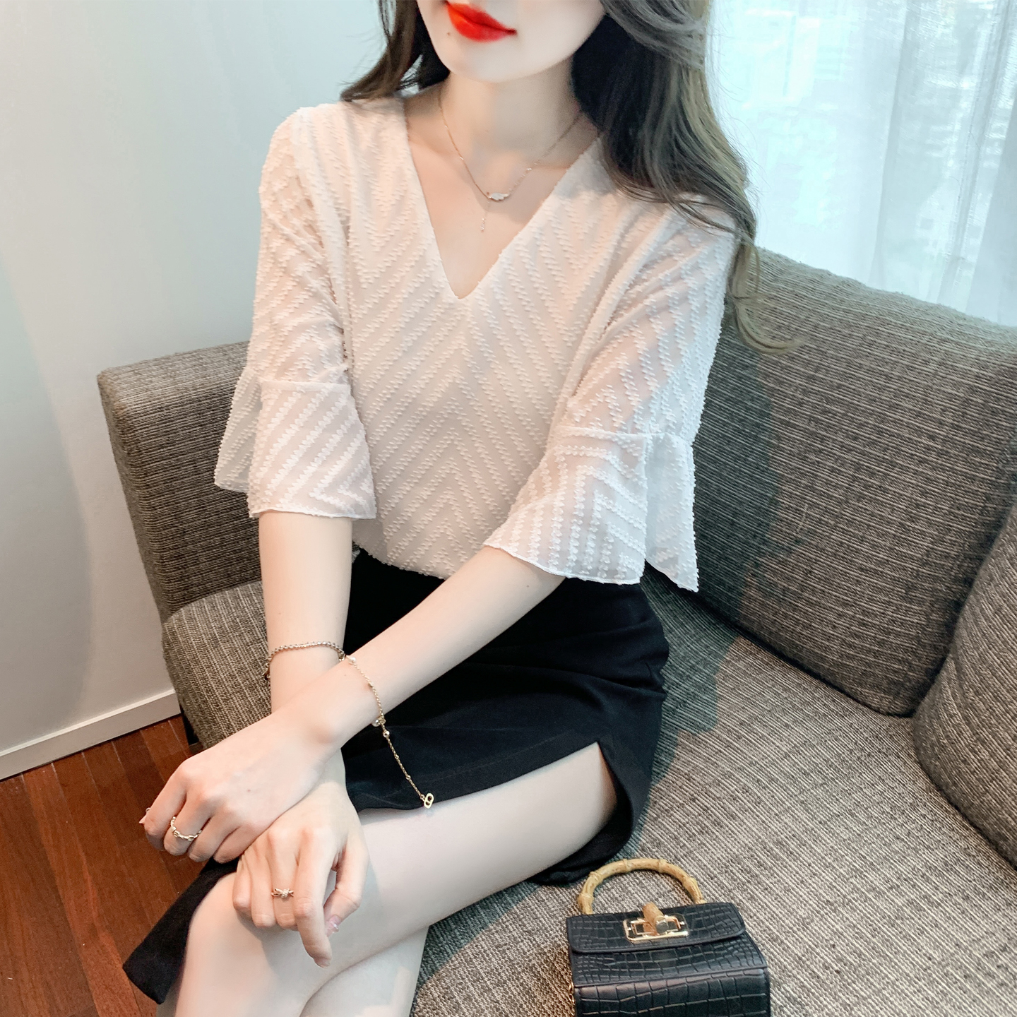 RY1671# 已出货2026夏季新款韩版V领套头雪纺衫衬衣蕾丝短袖上衣洋...