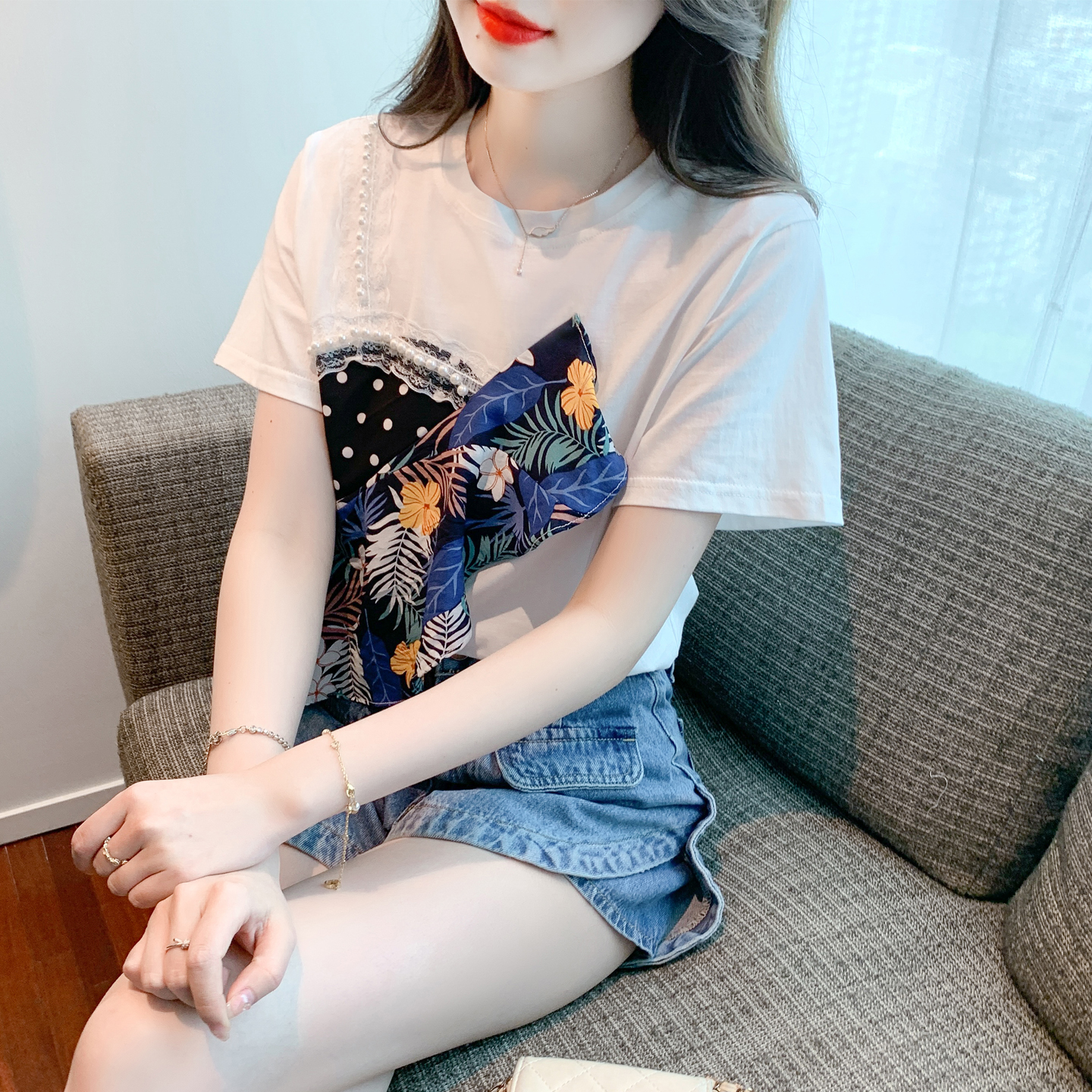 RY1670# 已出货2026夏季新款纯棉圆领套头T恤时尚拼接假两件正肩珍...