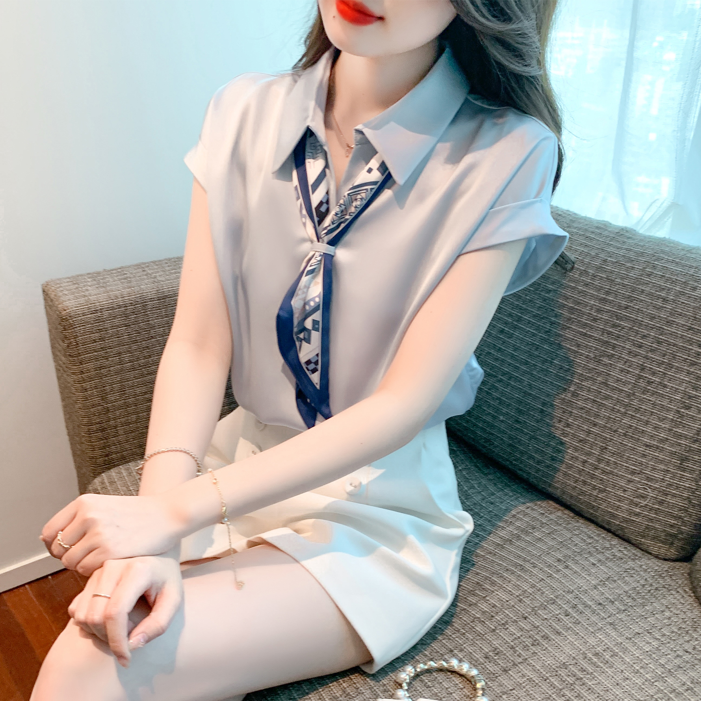 RY1668# 已出货2026夏季新款落肩袖蓝色衬衫LO职业装醋酸缎面高档...