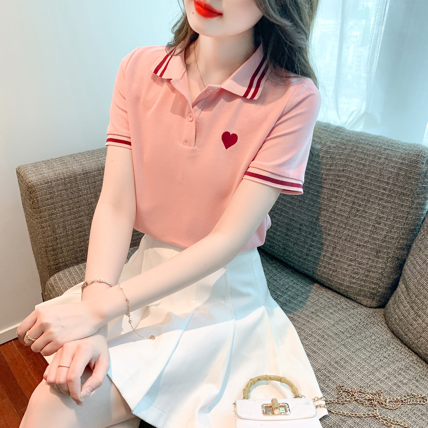 RY1669# 已出货2026夏季新款POLO领套头T恤爱心刺绣学院风衬衫...