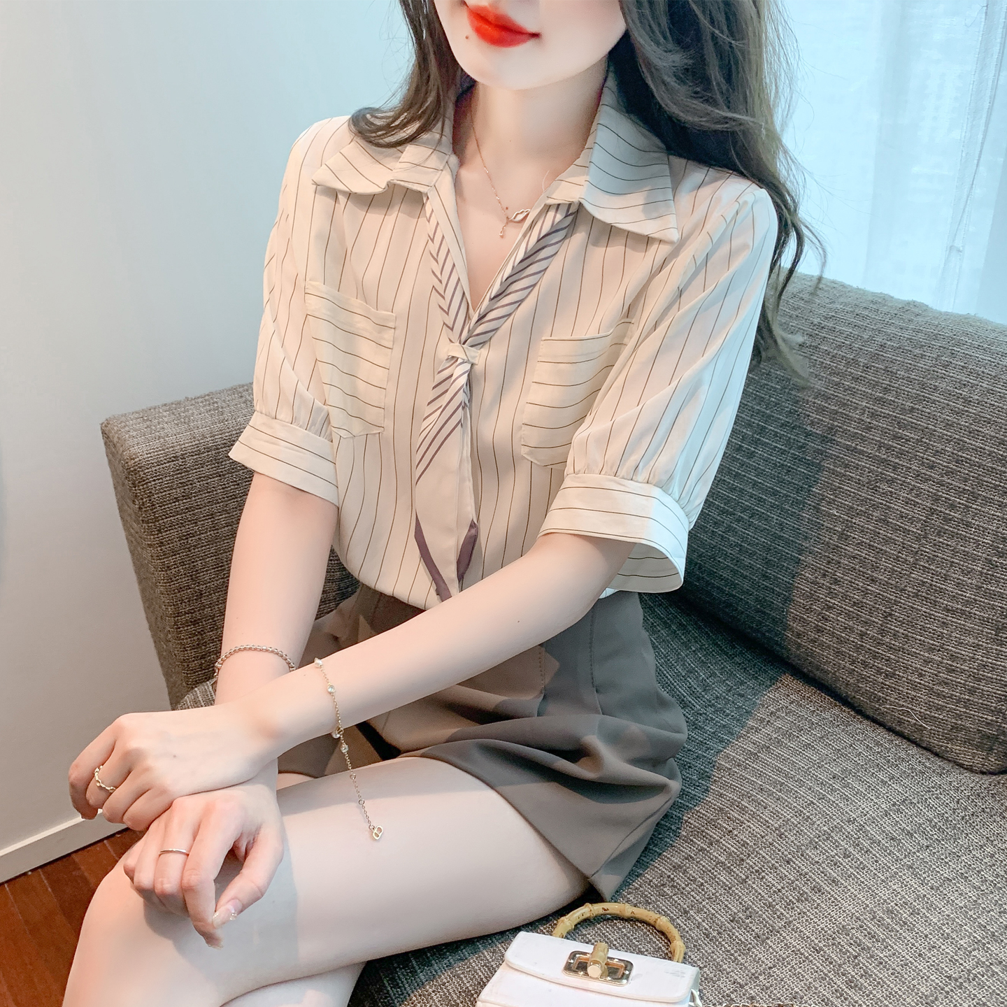 RY1667# 已出货2026夏季新款简约POLO领丝带雪纺衬衫韩版条纹短...