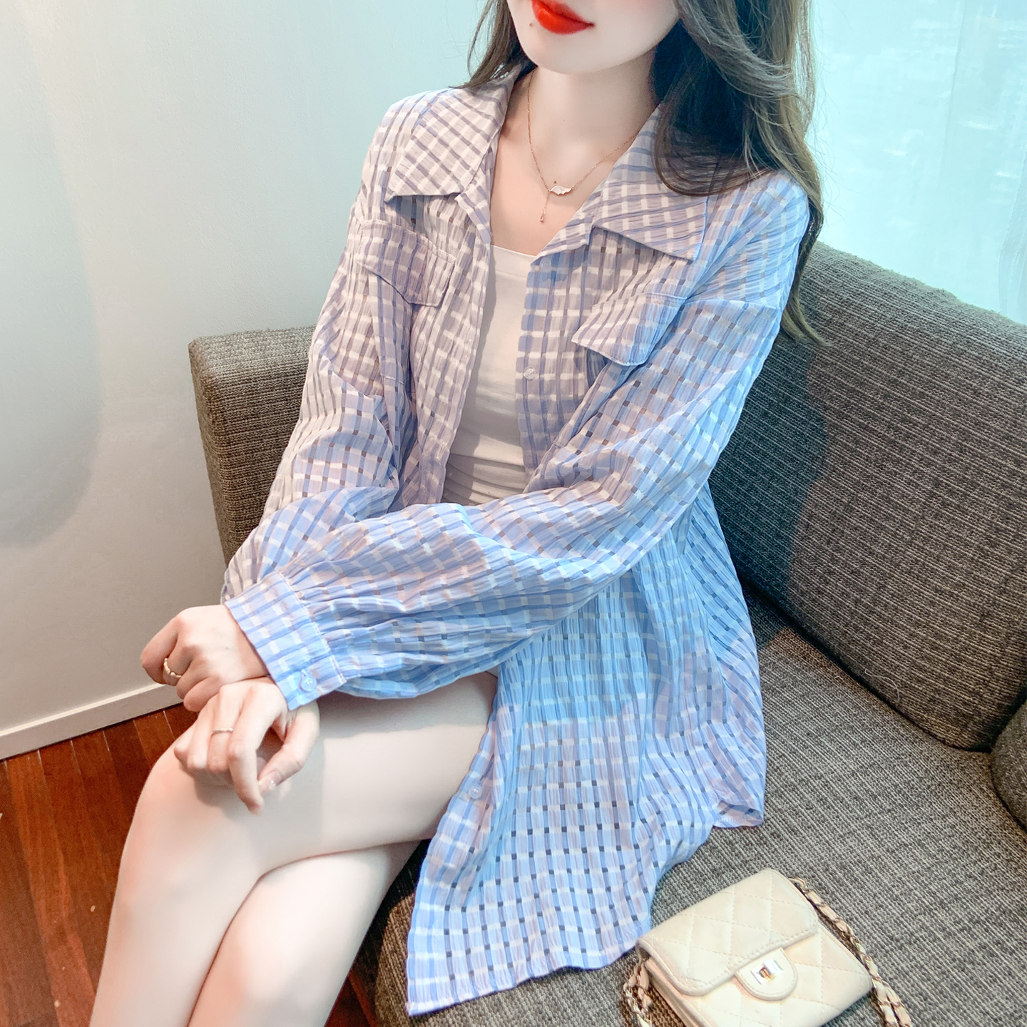 RY1665# 已出货2026夏季新款格子长袖衬衫韩版宽松防紫外线上衣外套...