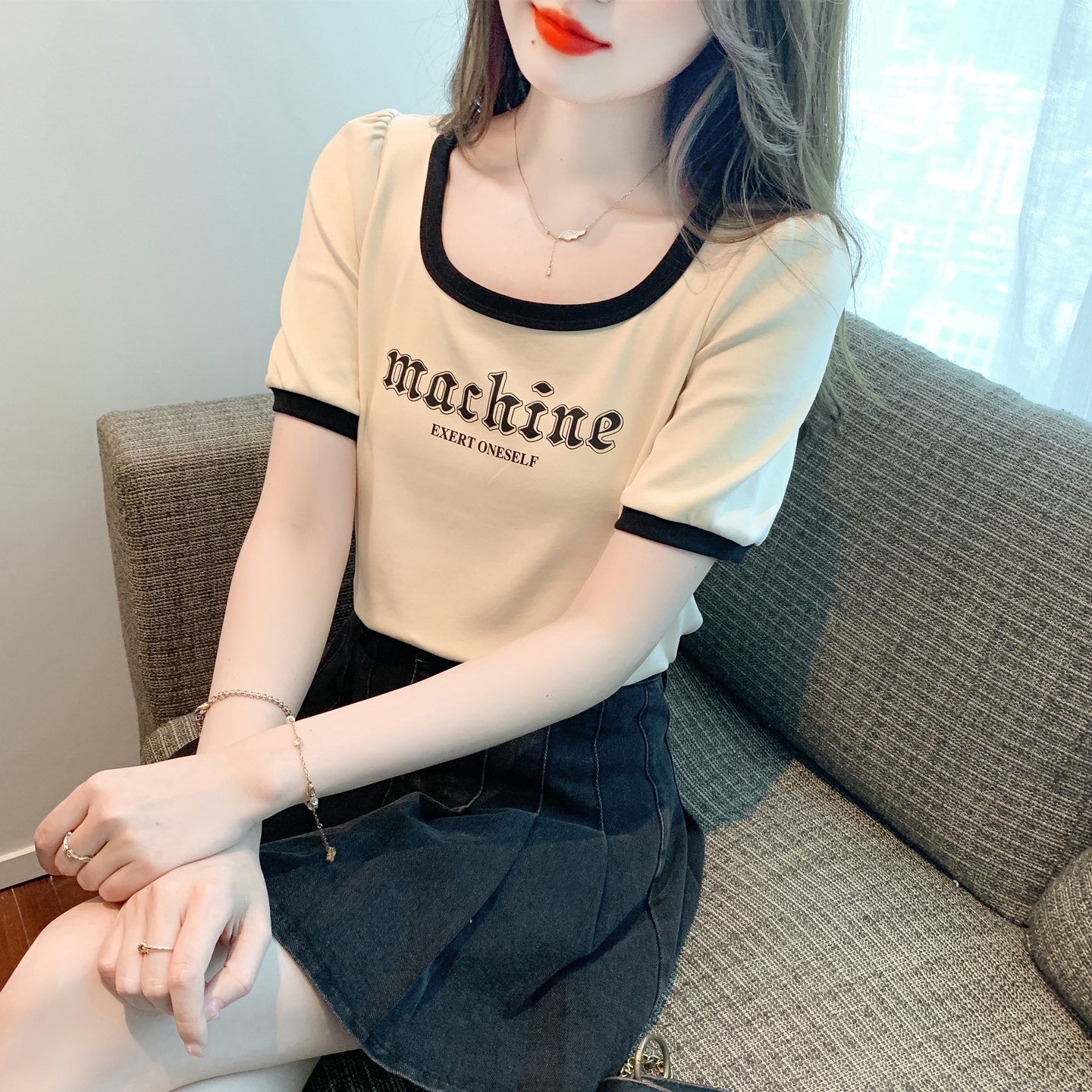 RY1661# 已出货2026夏季新款方圆领套头百搭纯棉印花T恤修身显瘦短...