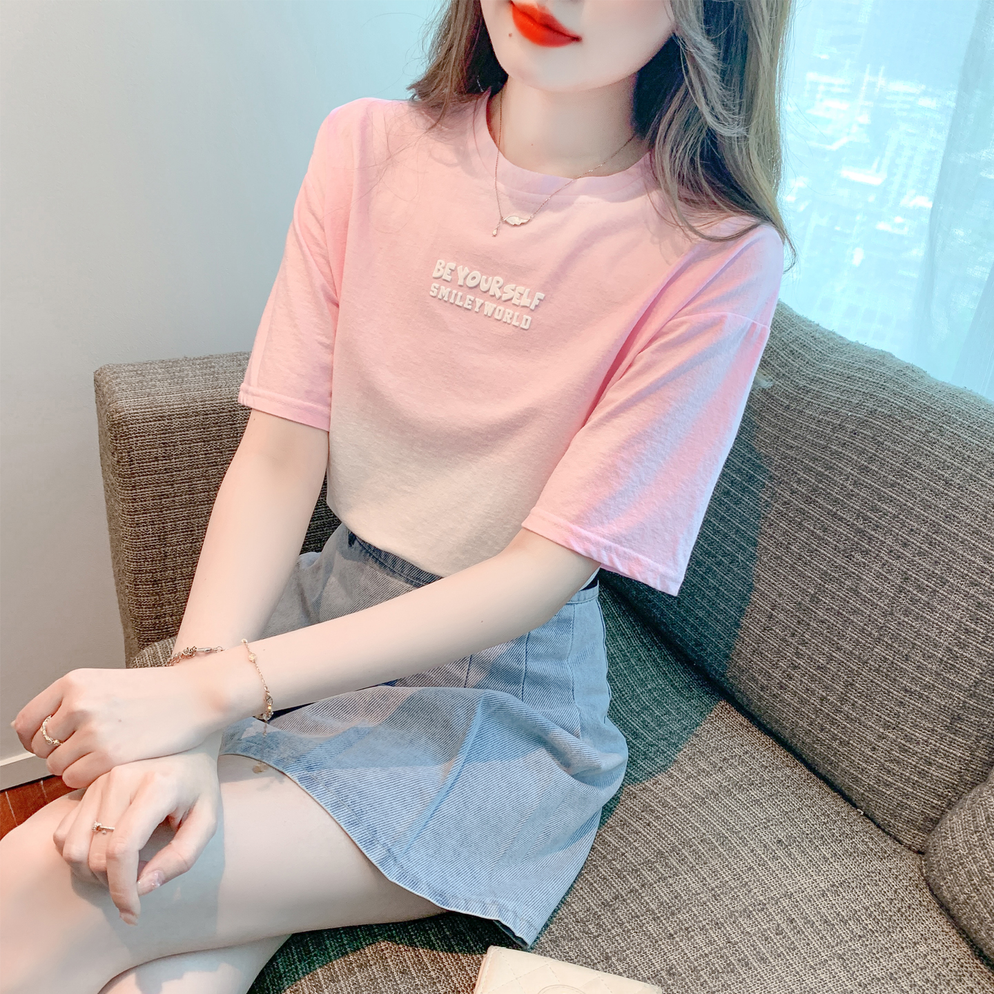 RY1660# 已出货2026夏装字母烫花设计感小众扎染短袖t恤宽松纯棉休...