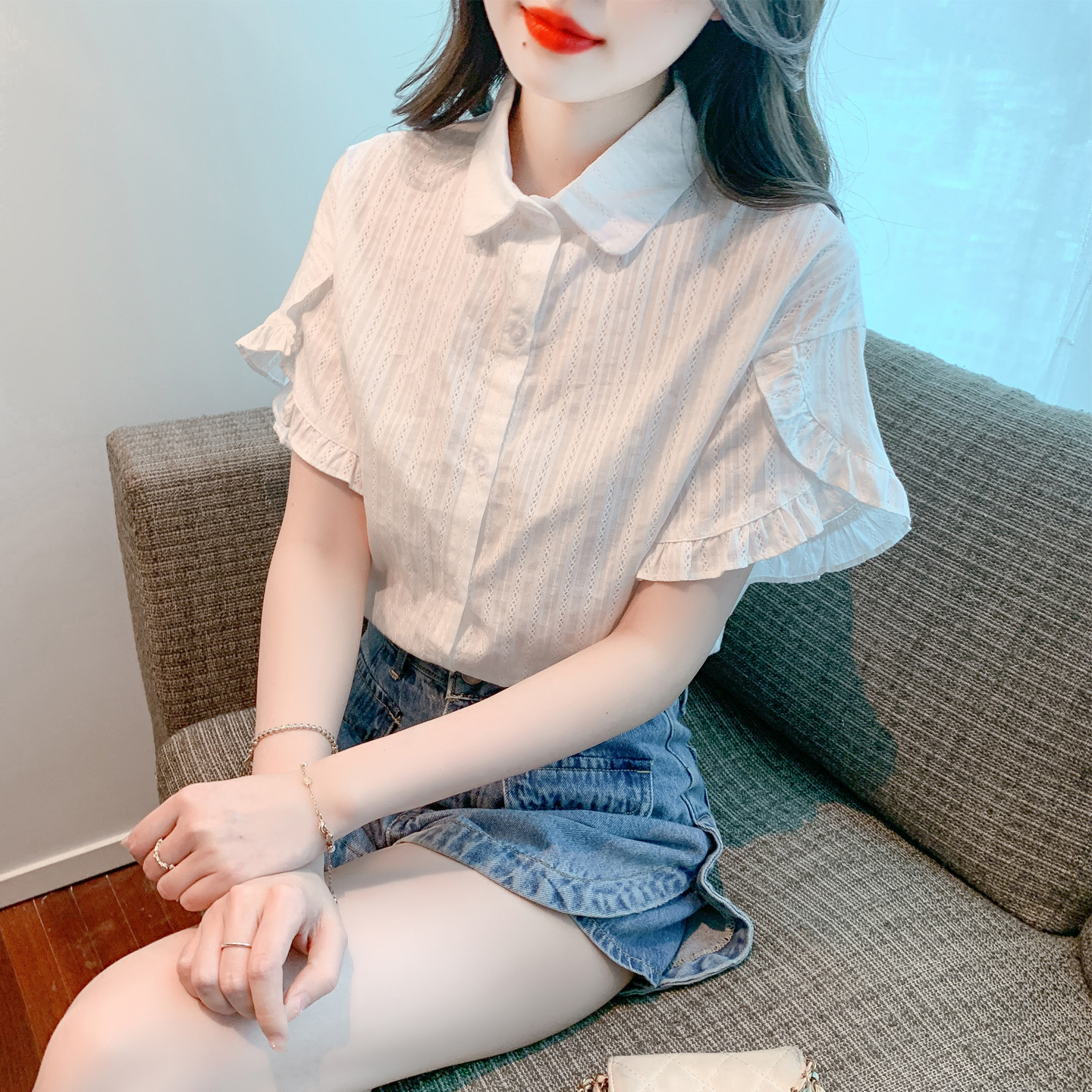 RY1659# 已出货2026夏季新款POLO领喇叭袖雪纺衫衬衫甜美百搭休...