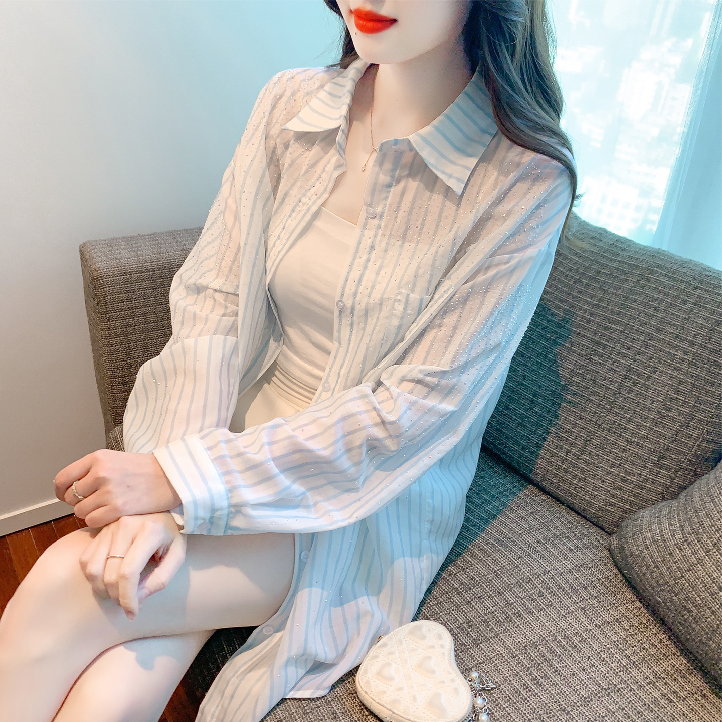 RY1658# 已出货2026夏季真奥钻原版1:1定制烫钻长袖中长款衬衣开...