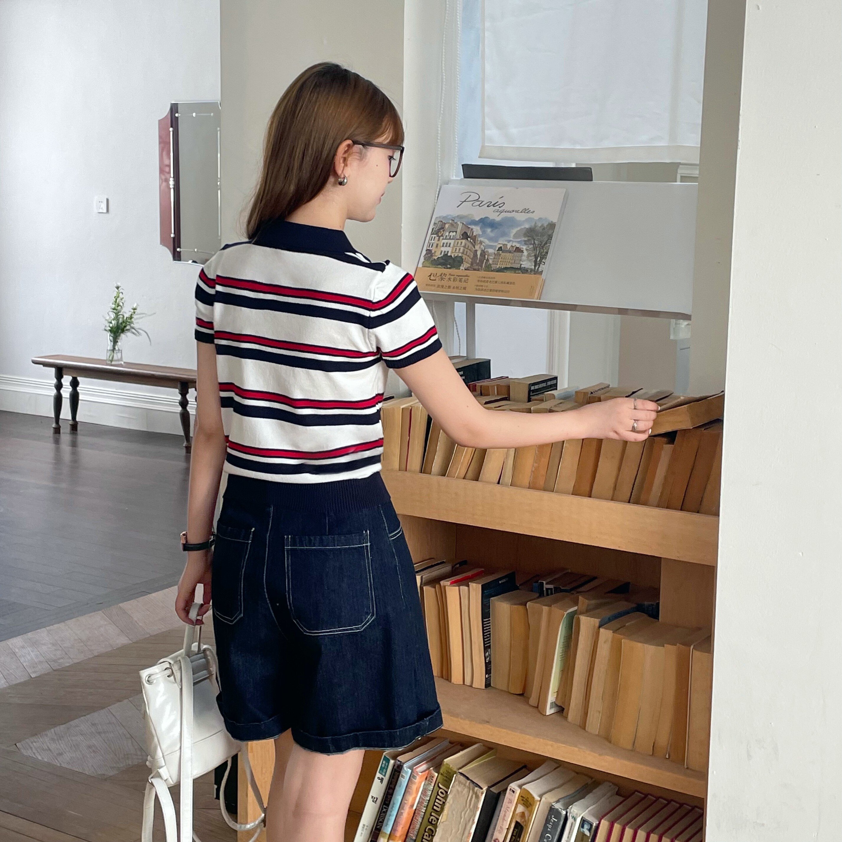 牙套大汪miu系polo針織條紋polo衫短袖t恤女正肩翻領短款上衣