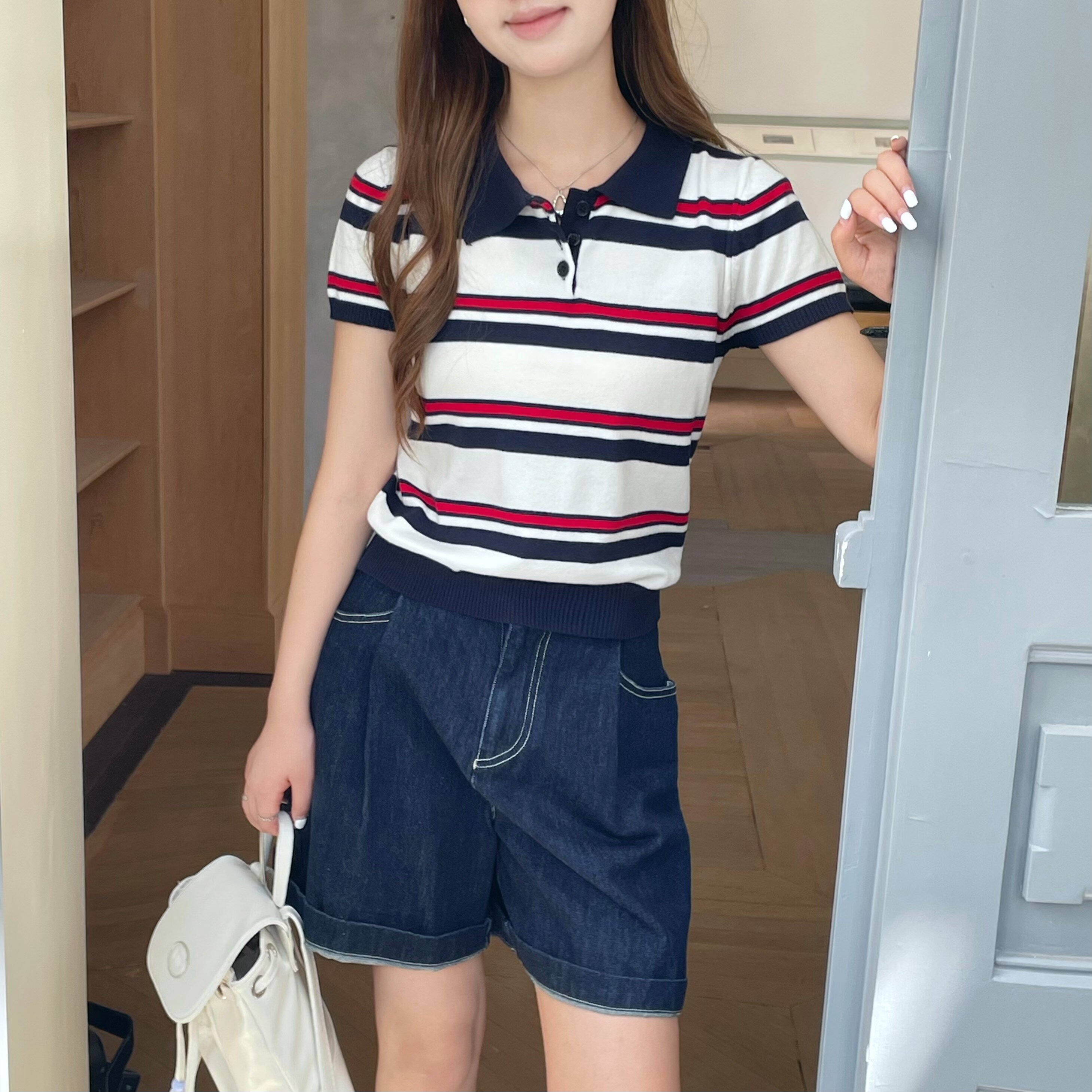 牙套大汪miu系polo針織條紋polo衫短袖t恤女正肩翻領短款上衣