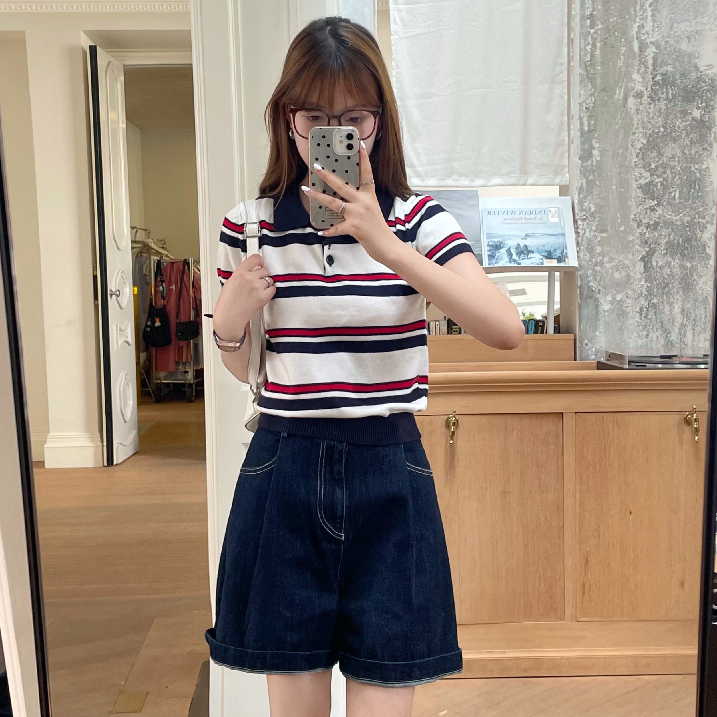 牙套大汪miu系polo針織條紋polo衫短袖t恤女正肩翻領短款上衣
