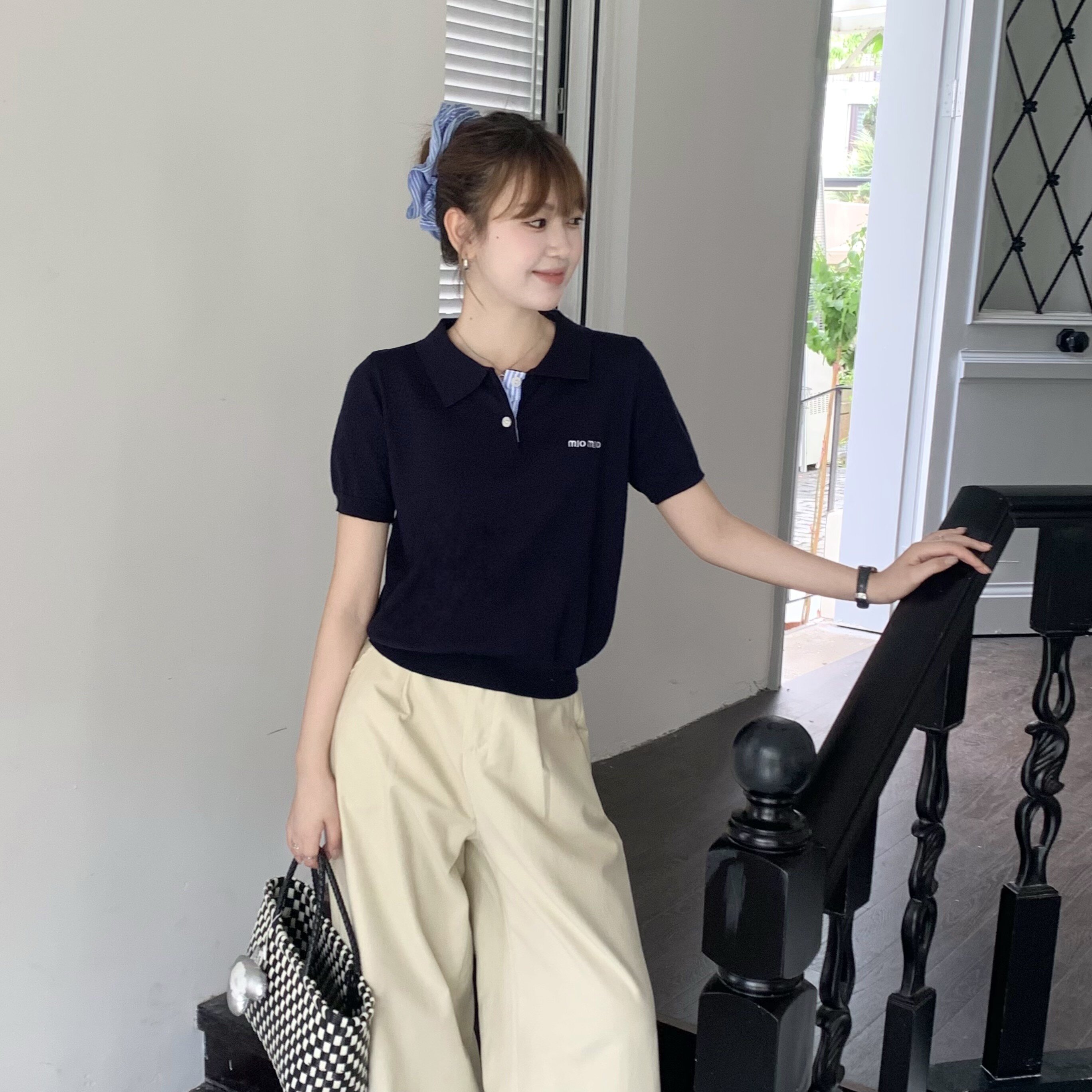 BRIVIN韓系灰色假兩件polo領針織衫短袖女2025夏季新款薄款上衣