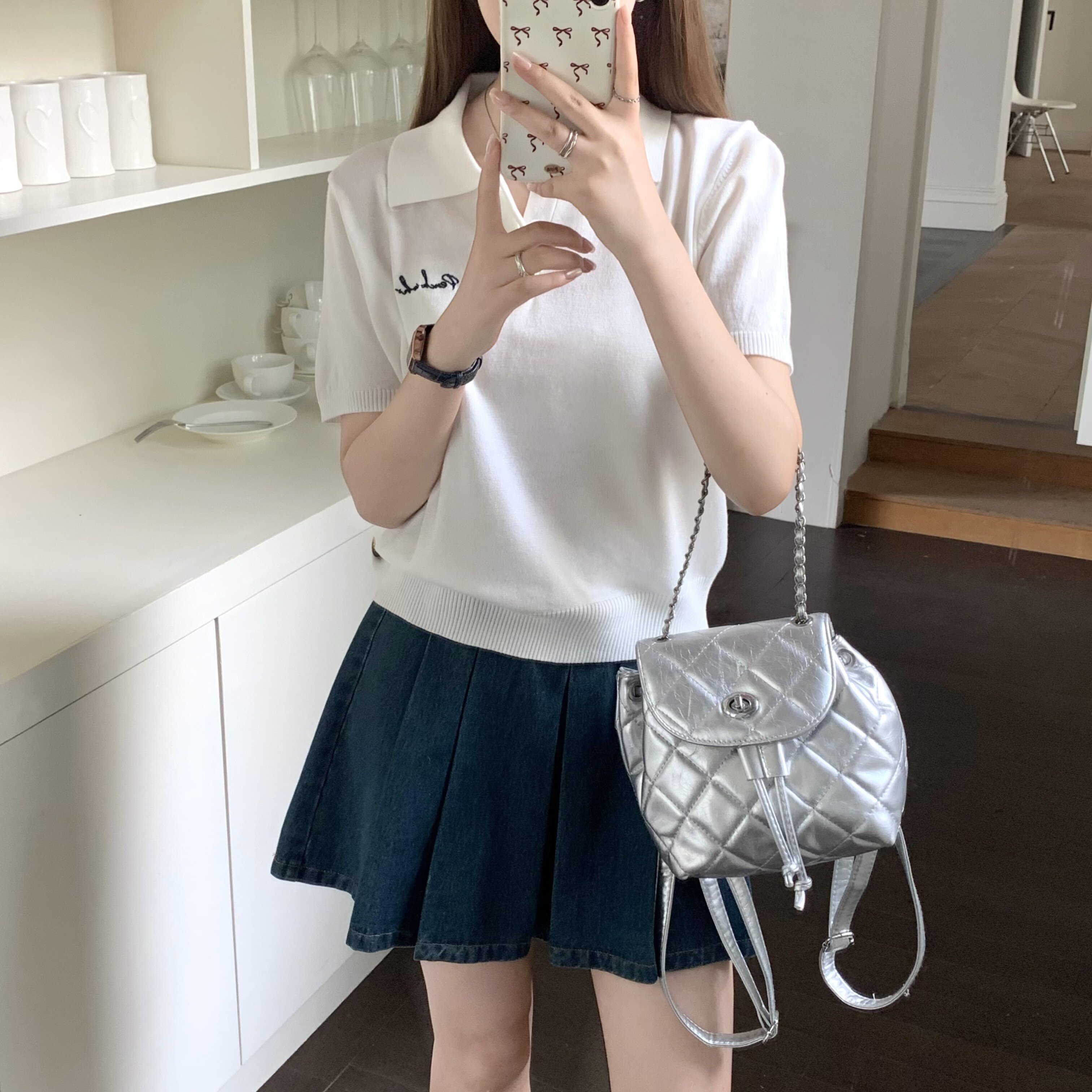 誰桃子 peach who美式復古含羊毛polo領短袖T恤女新款毛針織上衣