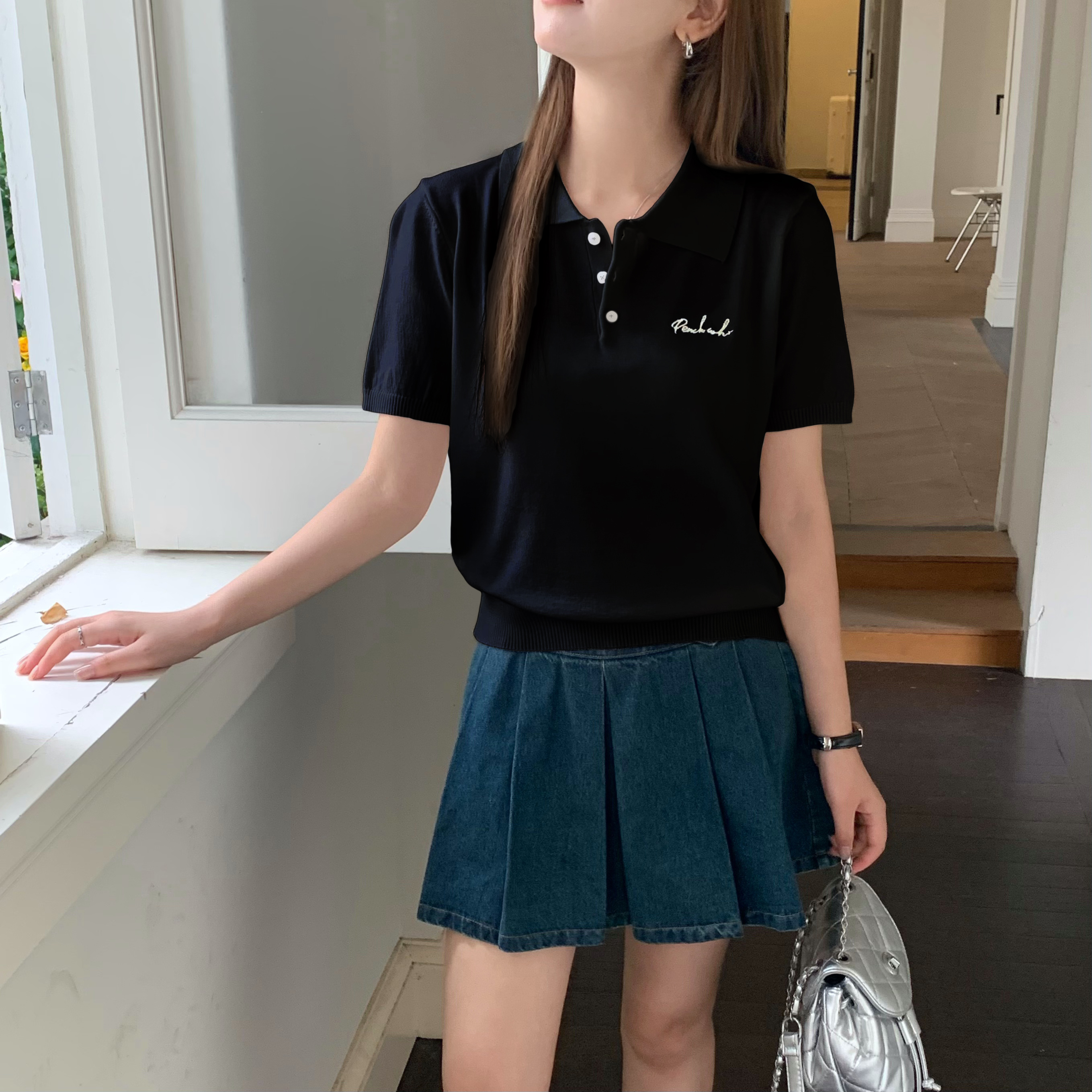 誰桃子 peach who美式復古含羊毛polo領短袖T恤女新款毛針織上衣