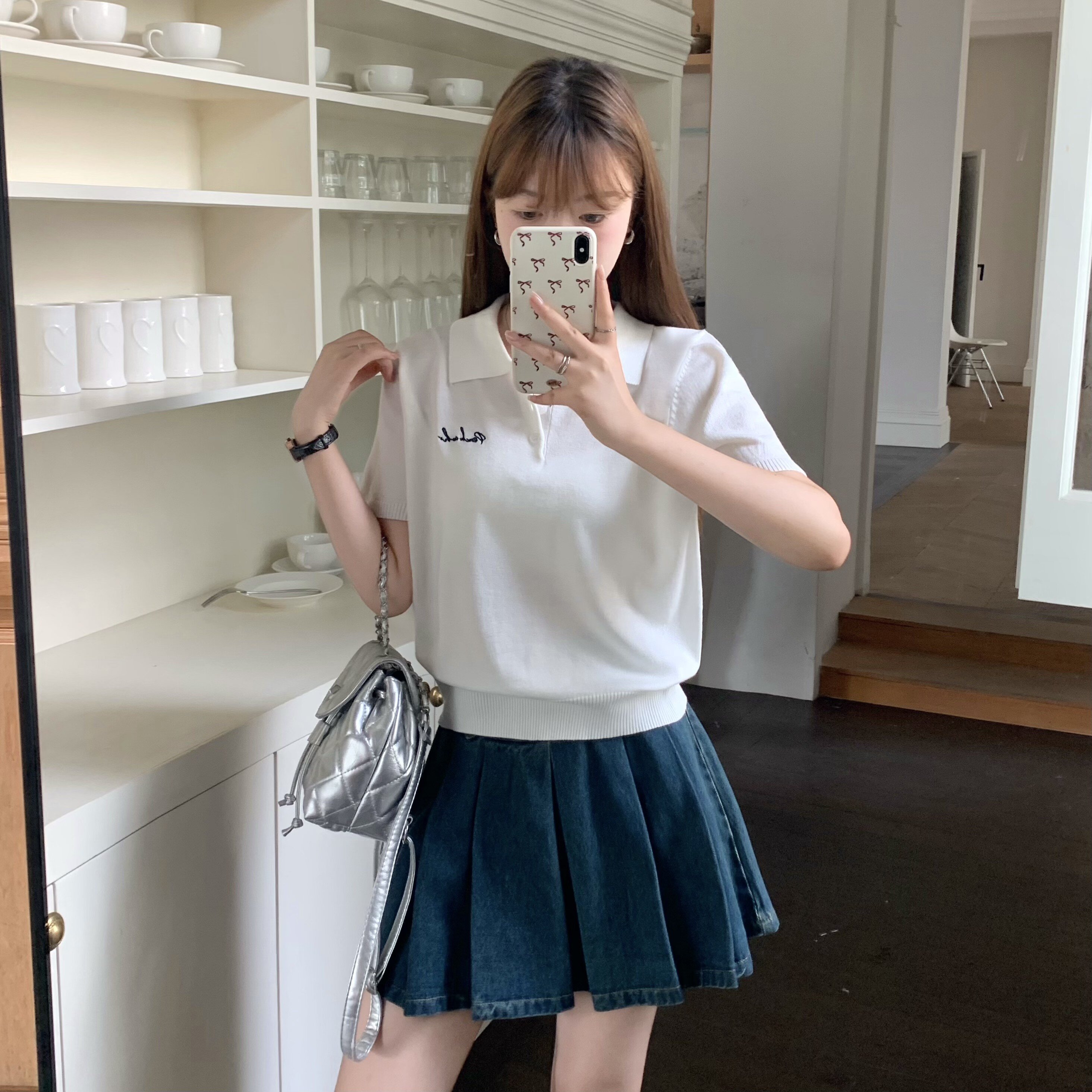 誰桃子 peach who美式復古含羊毛polo領短袖T恤女新款毛針織上衣