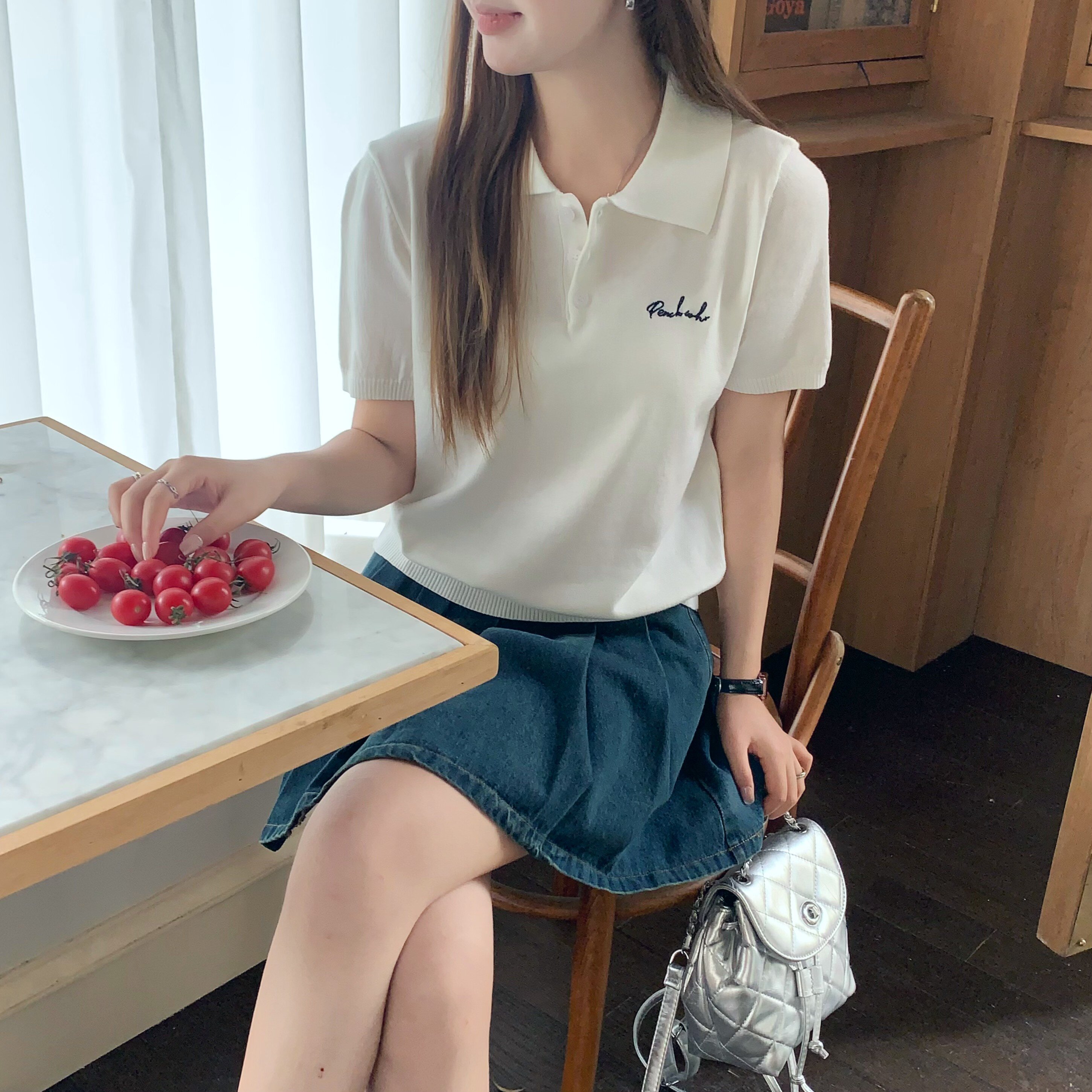 誰桃子 peach who美式復古含羊毛polo領短袖T恤女新款毛針織上衣